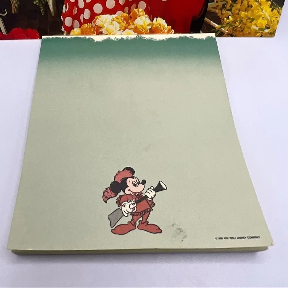 Vintage 1986 Disney Mickey Mouse Davy Crockett Notepad & Flower Market Postcard